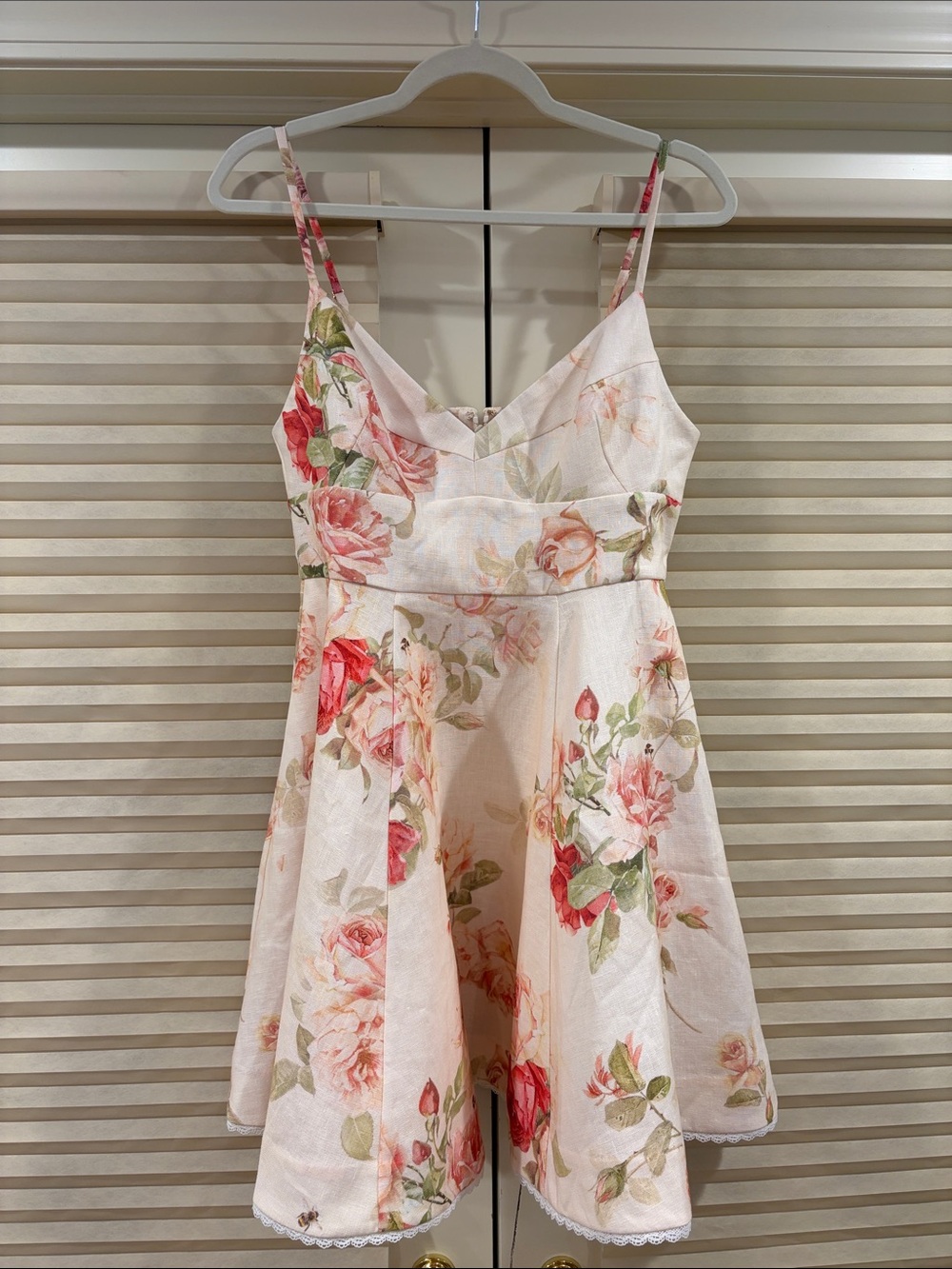 NWOT Zimmermann Cream Linen Mini Dress with Pink Rose/Green Leaf, Size AU 2